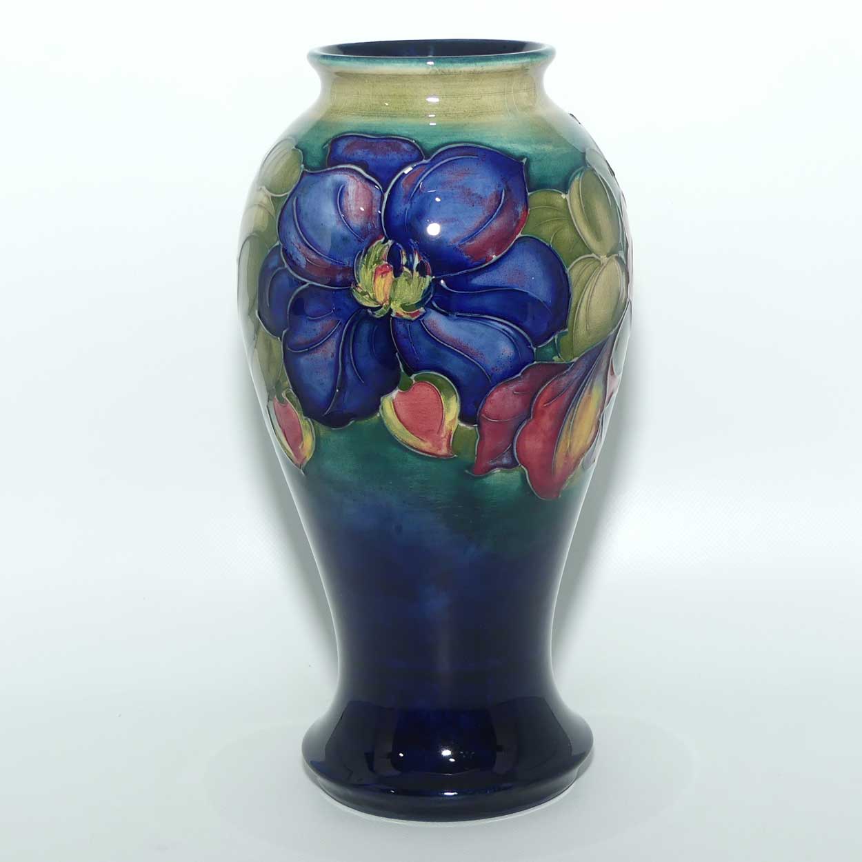 Walter Moorcroft Clematis tall vase with flared foot | Green to Blue transition