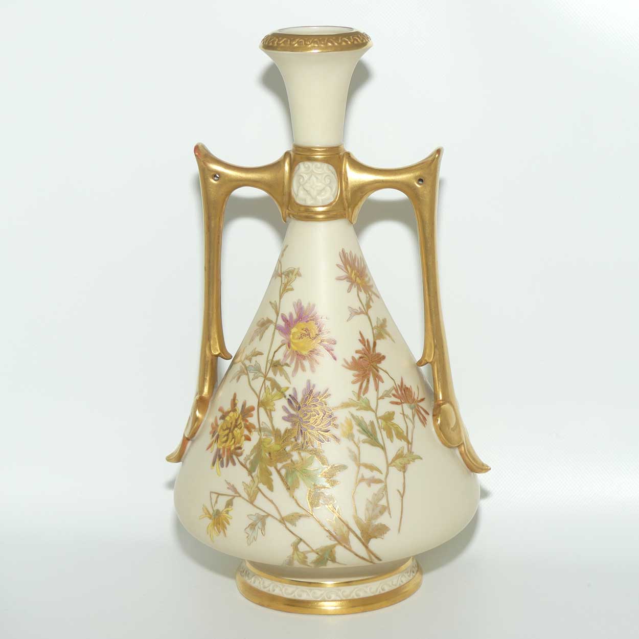 Royal Worcester Blush Ivory hand painted tall bulbous vase with vertical gilt handles