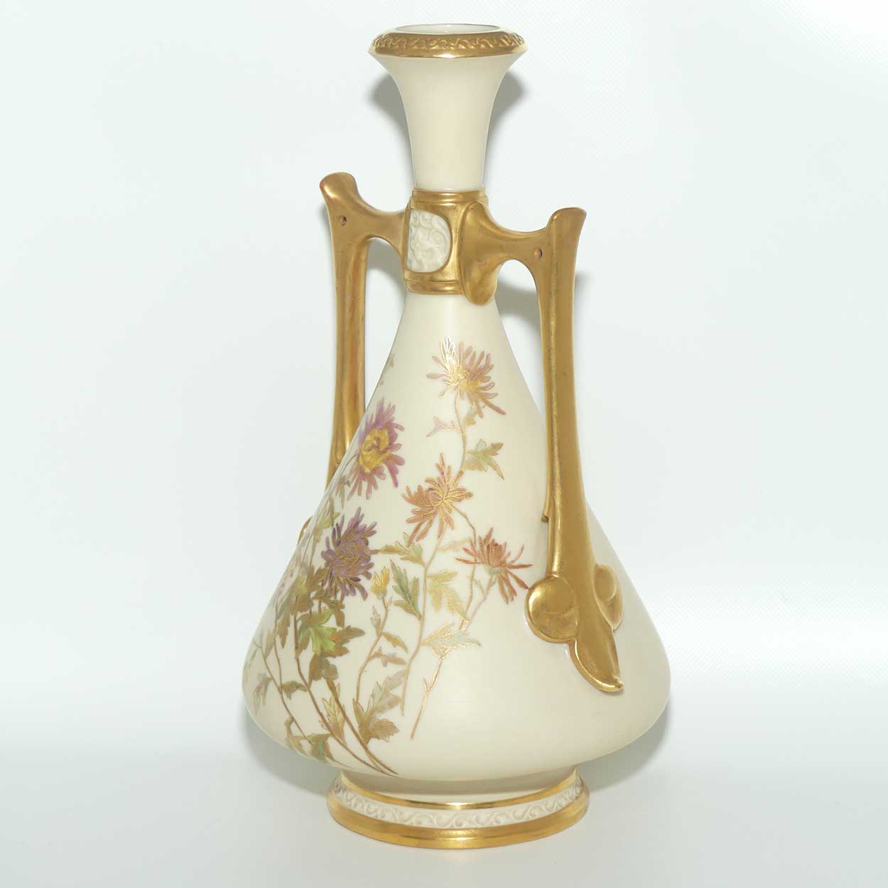 Royal Worcester Blush Ivory hand painted tall bulbous vase with vertical gilt handles