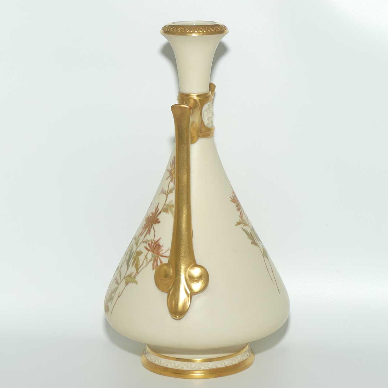 Royal Worcester Blush Ivory hand painted tall bulbous vase with vertical gilt handles