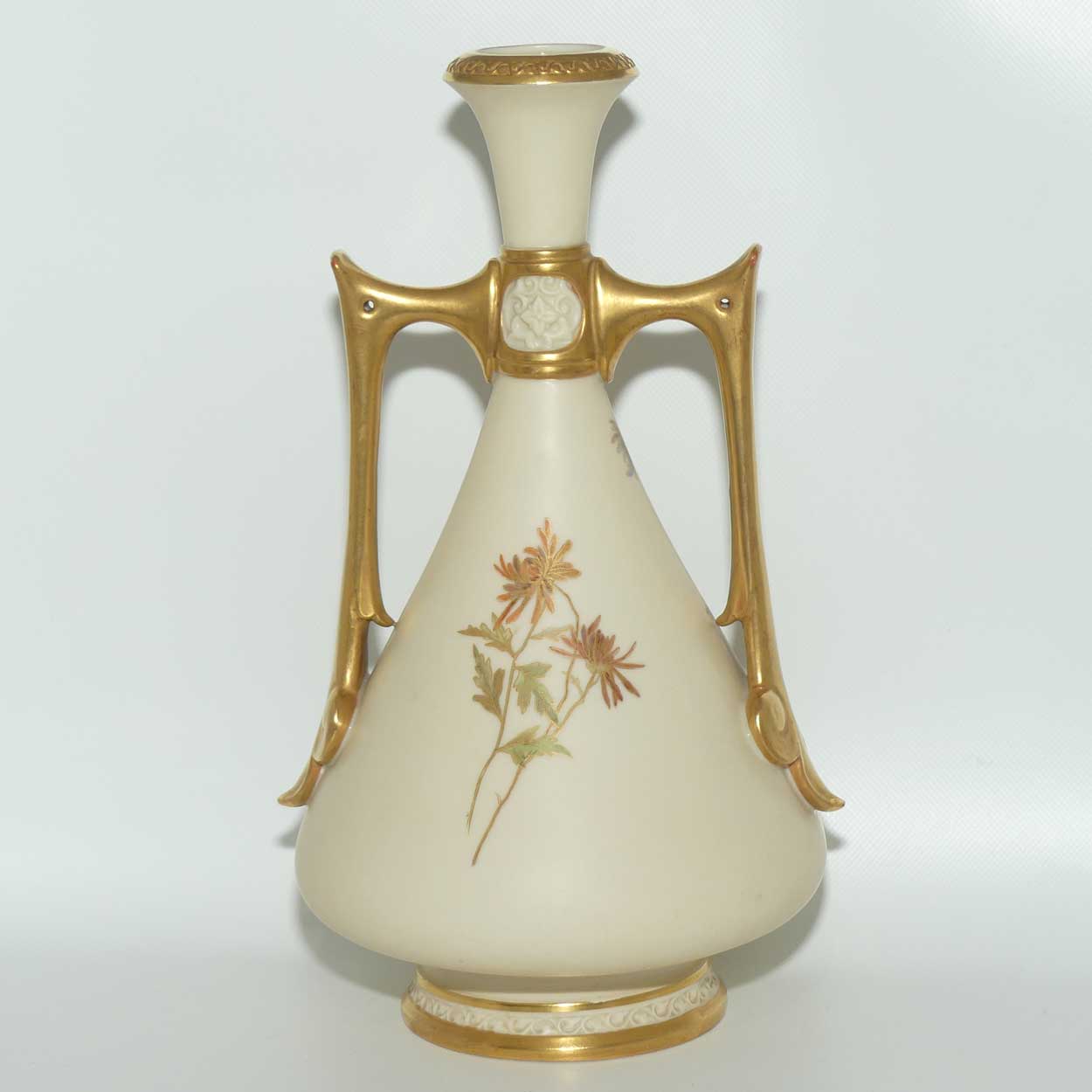 Royal Worcester Blush Ivory hand painted tall bulbous vase with vertical gilt handles