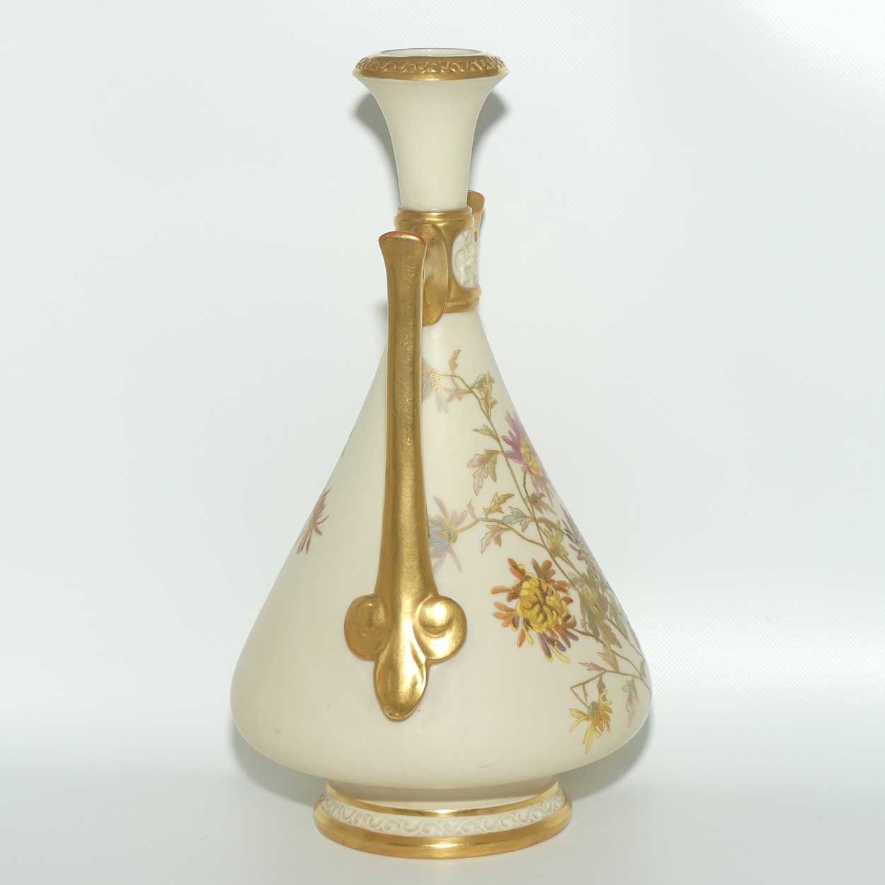 Royal Worcester Blush Ivory hand painted tall bulbous vase with vertical gilt handles