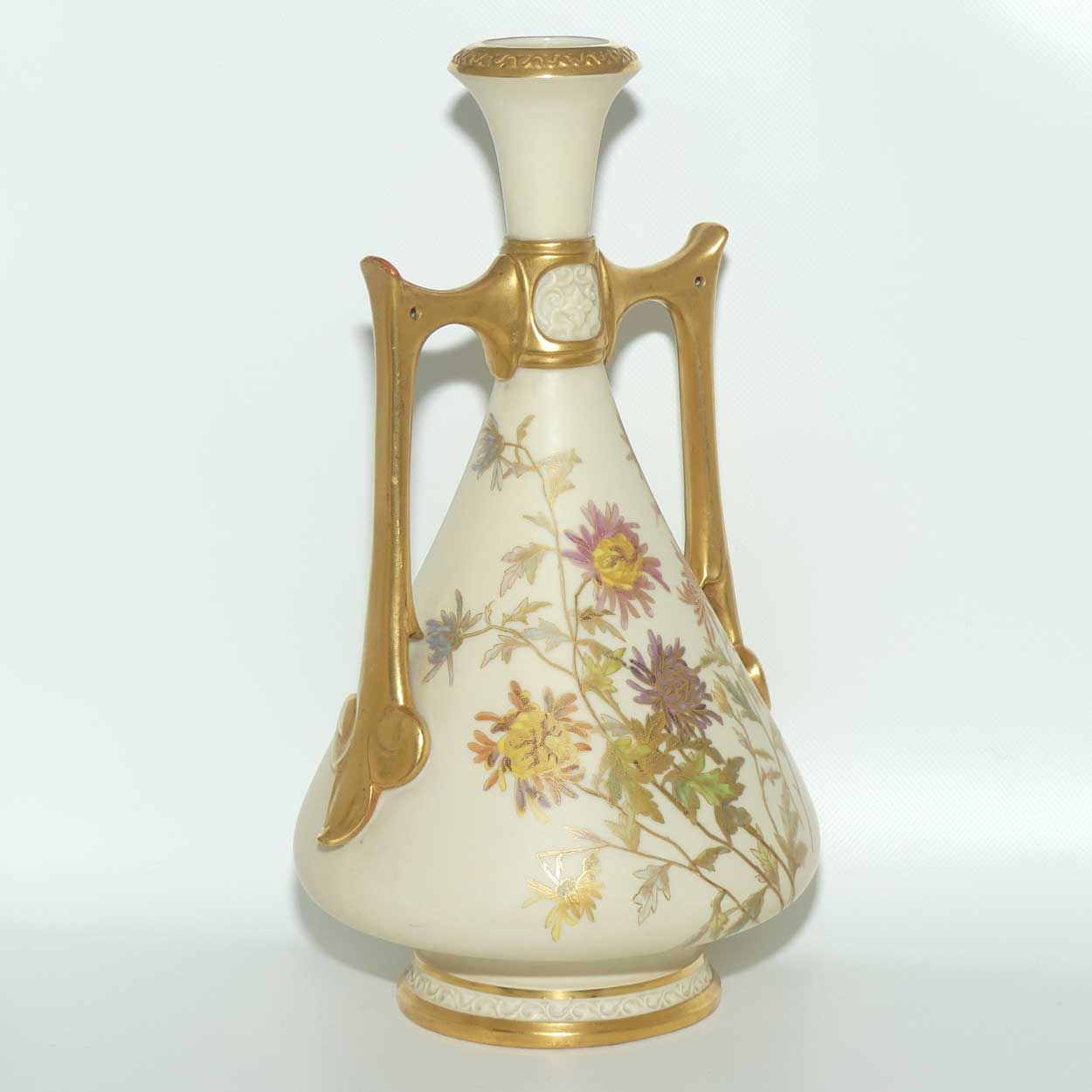 Royal Worcester Blush Ivory hand painted tall bulbous vase with vertical gilt handles