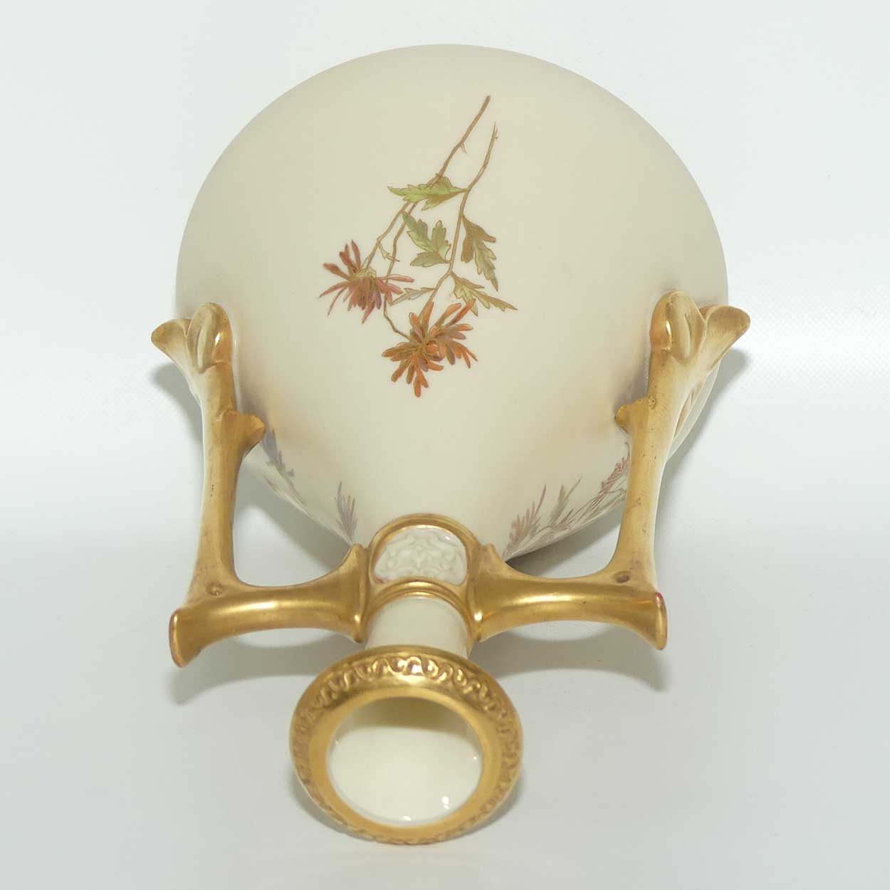 Royal Worcester Blush Ivory hand painted tall bulbous vase with vertical gilt handles