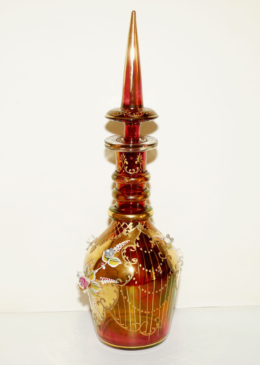 Large Bohemian Glass Hand Painted and Floral Encrusted decanter | 48cm tall | #1
