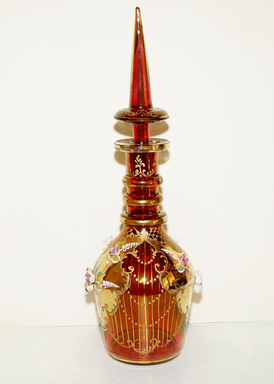 Large Bohemian Glass Hand Painted and Floral Encrusted decanter | 48cm tall | #1