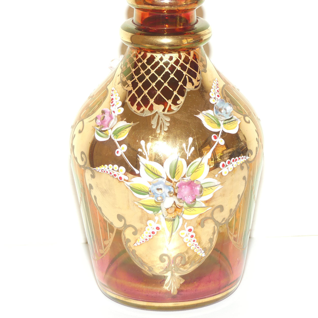 Large Bohemian Glass Hand Painted and Floral Encrusted decanter | 48cm tall | #1