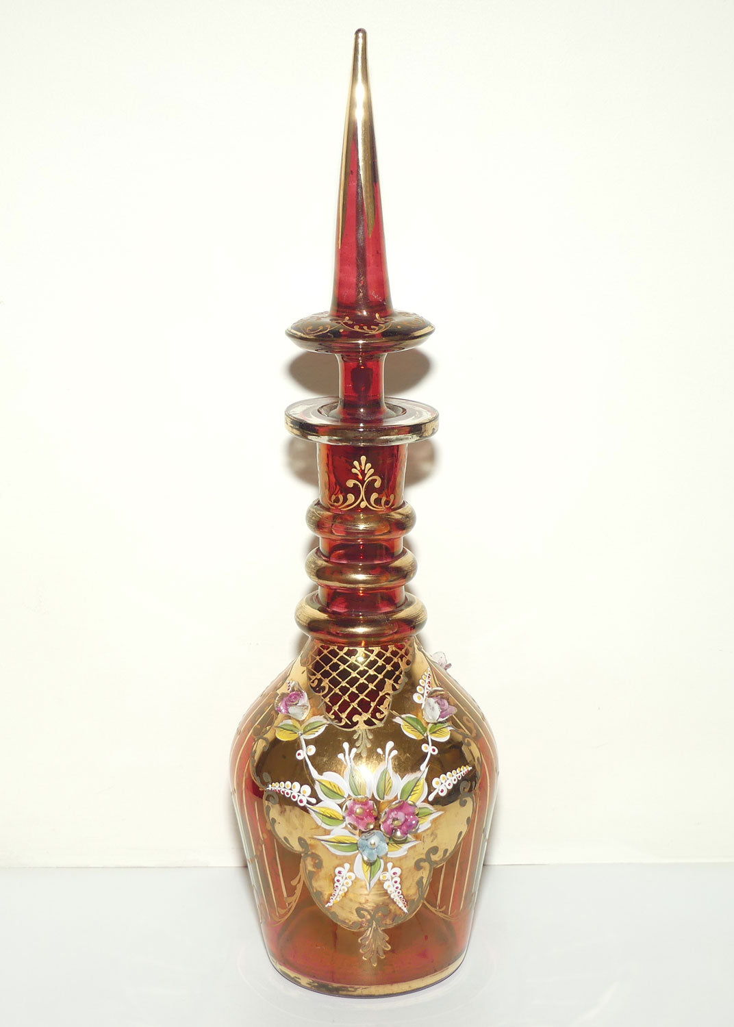 Large Bohemian Glass Hand Painted and Floral Encrusted decanter | 48cm tall | #2