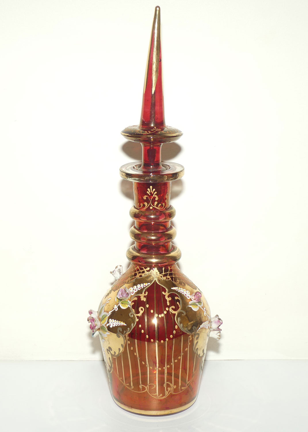 Large Bohemian Glass Hand Painted and Floral Encrusted decanter | 48cm tall | #2