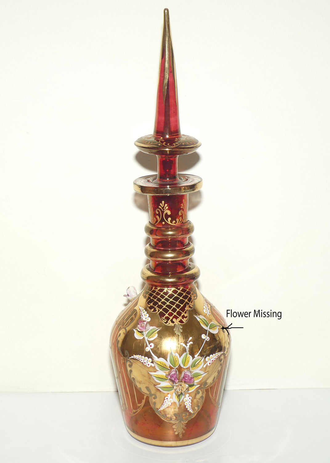 Large Bohemian Glass Hand Painted and Floral Encrusted decanter | 48cm tall | #2