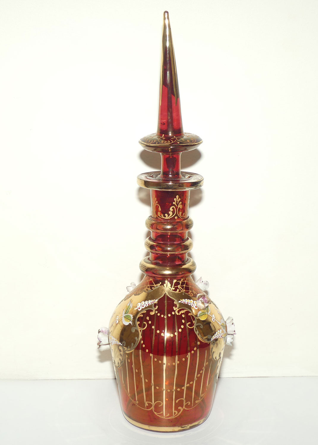 Large Bohemian Glass Hand Painted and Floral Encrusted decanter | 48cm tall | #2