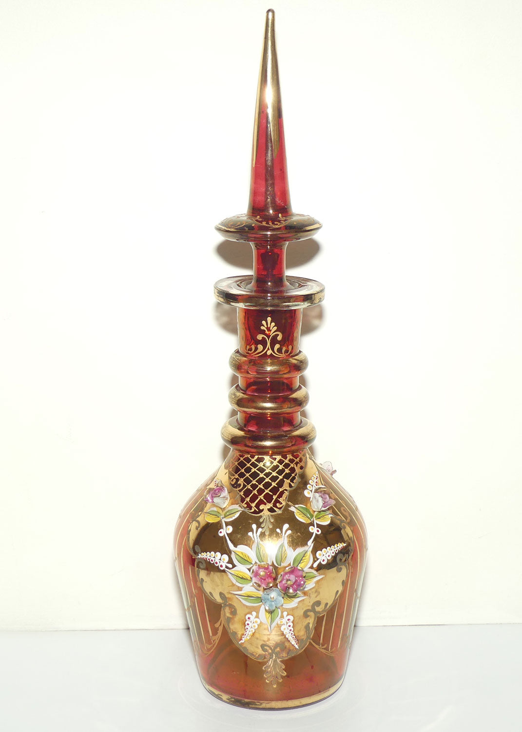 Large Bohemian Glass Hand Painted and Floral Encrusted decanter | 48cm tall | #2