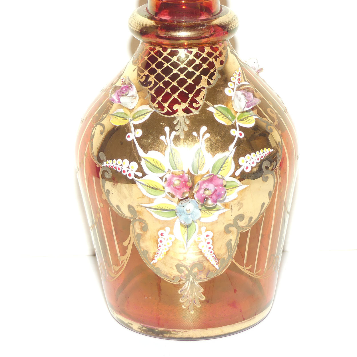 Large Bohemian Glass Hand Painted and Floral Encrusted decanter | 48cm tall | #2