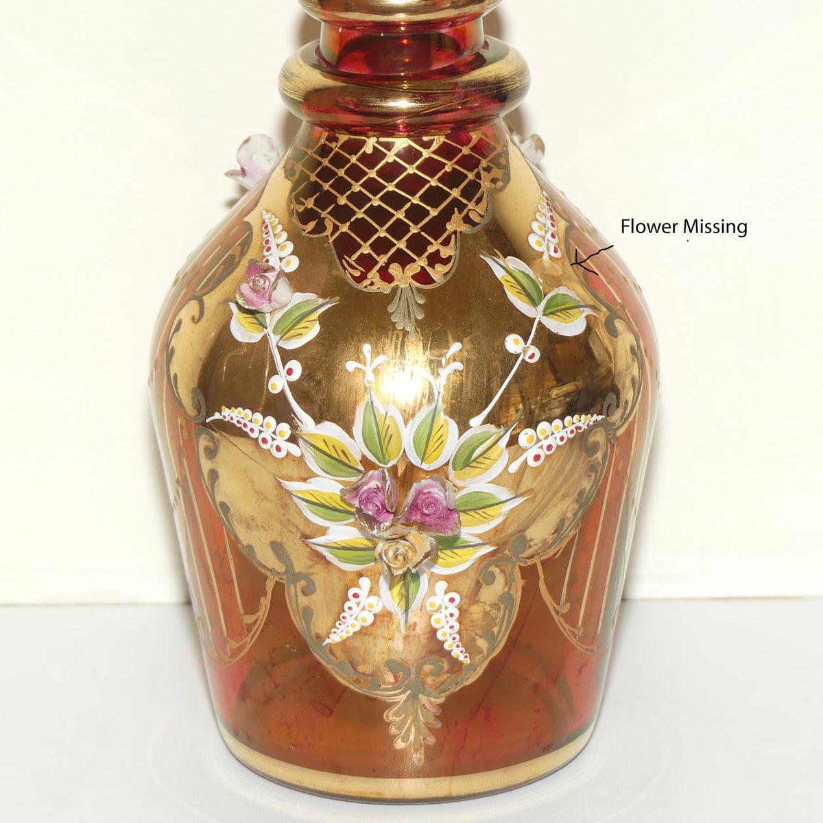 Large Bohemian Glass Hand Painted and Floral Encrusted decanter | 48cm tall | #2
