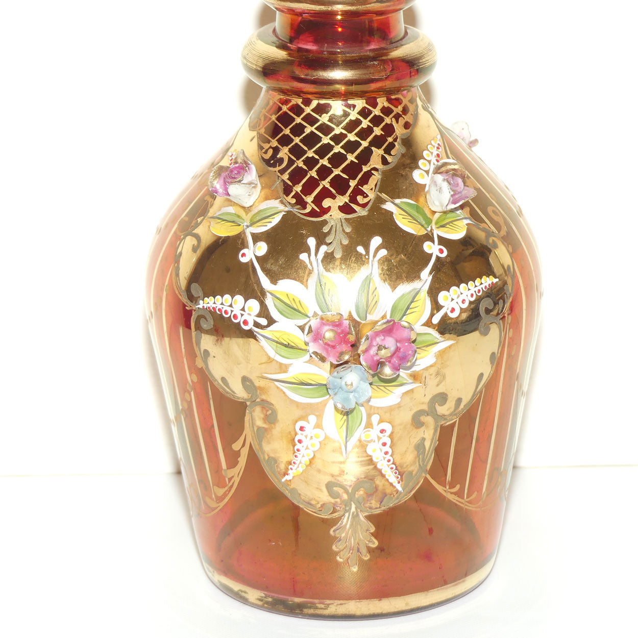 Large Bohemian Glass Hand Painted and Floral Encrusted decanter | 48cm tall | #2