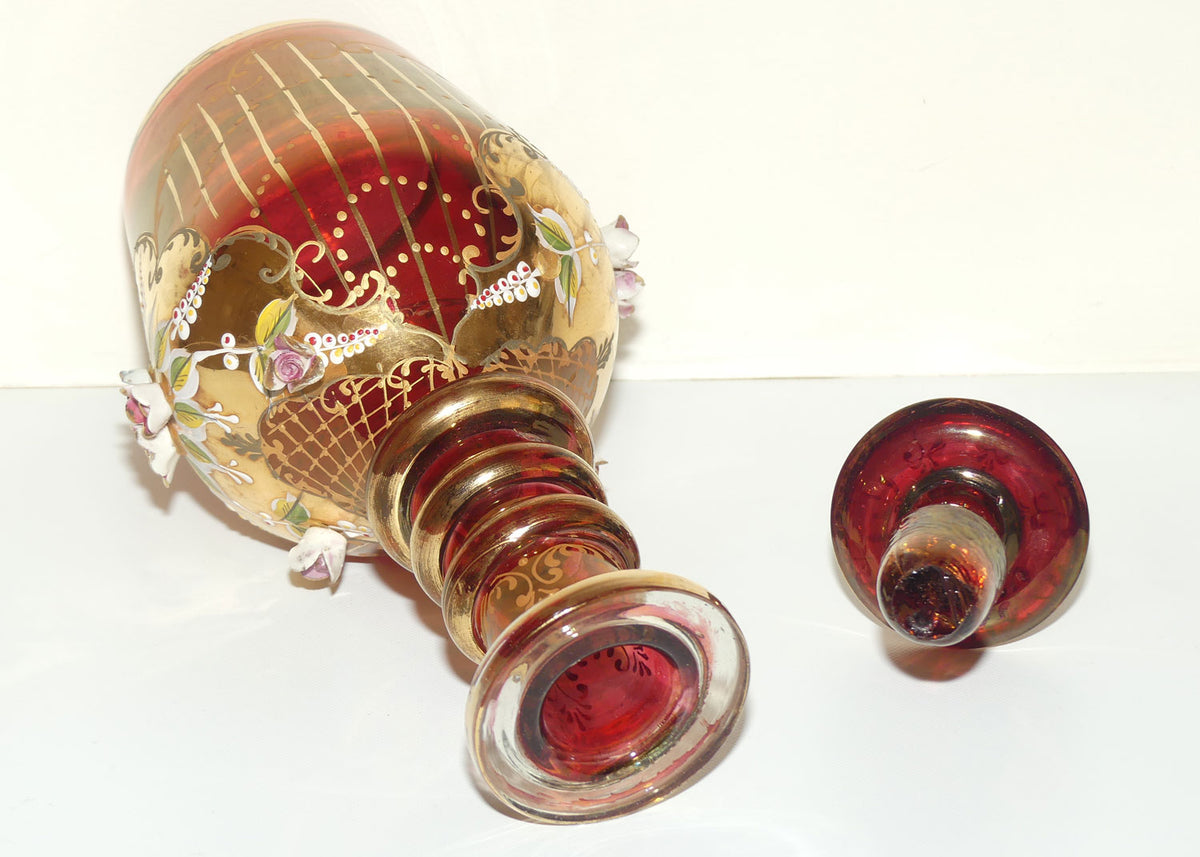 Large Bohemian Glass Hand Painted and Floral Encrusted decanter | 48cm tall | #2