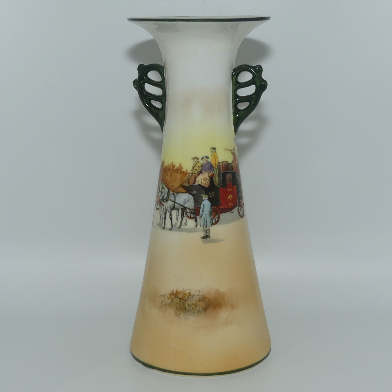 Royal Doulton Coaching Days tall flared mouth twin fancy handle vase E3804