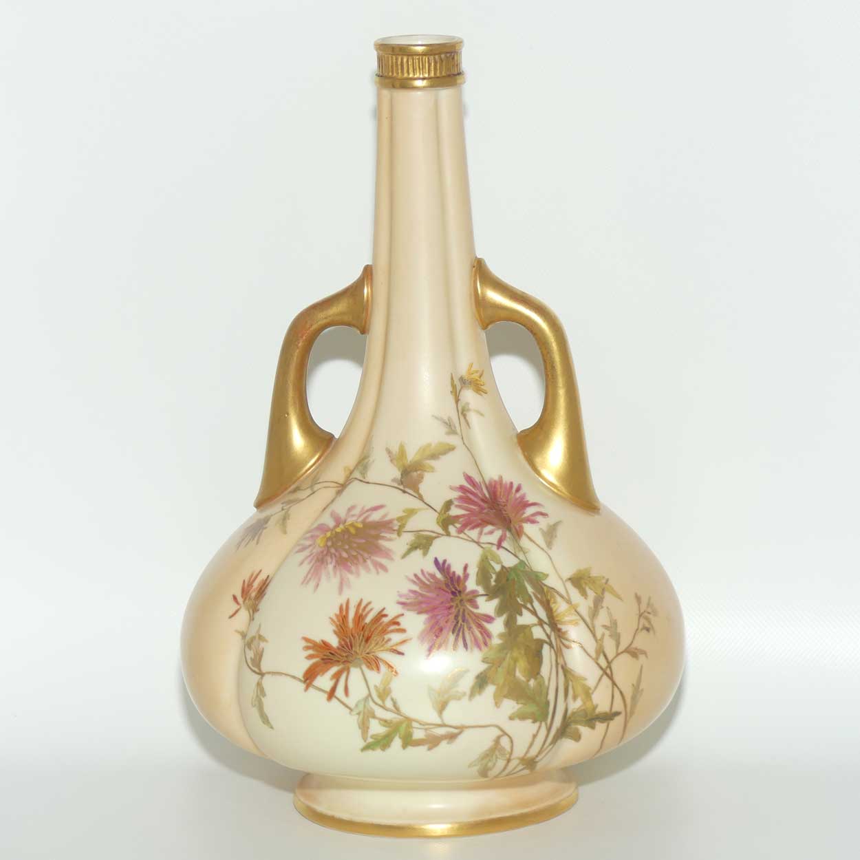 Royal Worcester Blush Ivory hand painted tall narrow neck handled bulbous vase