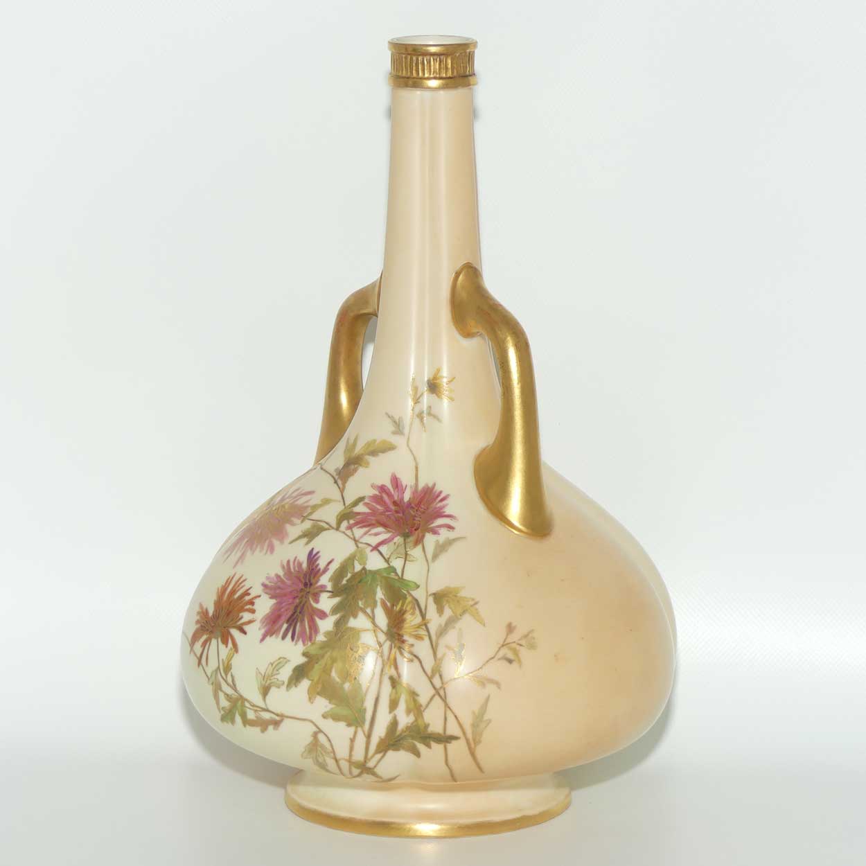 Royal Worcester Blush Ivory hand painted tall narrow neck handled bulbous vase