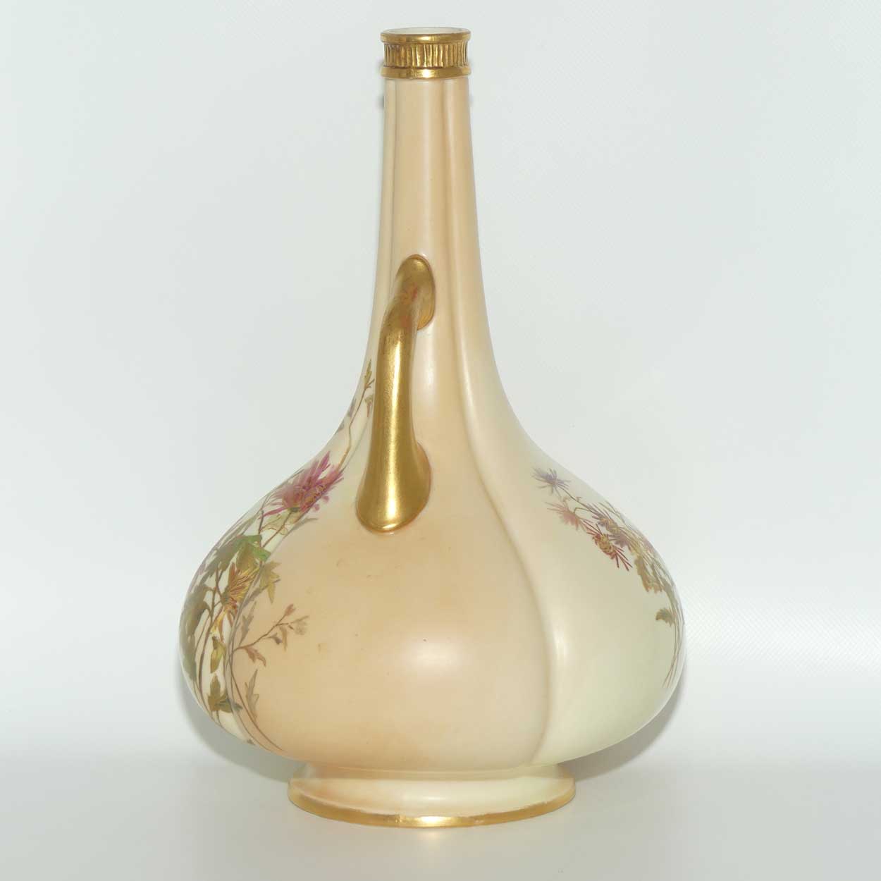 Royal Worcester Blush Ivory hand painted tall narrow neck handled bulbous vase
