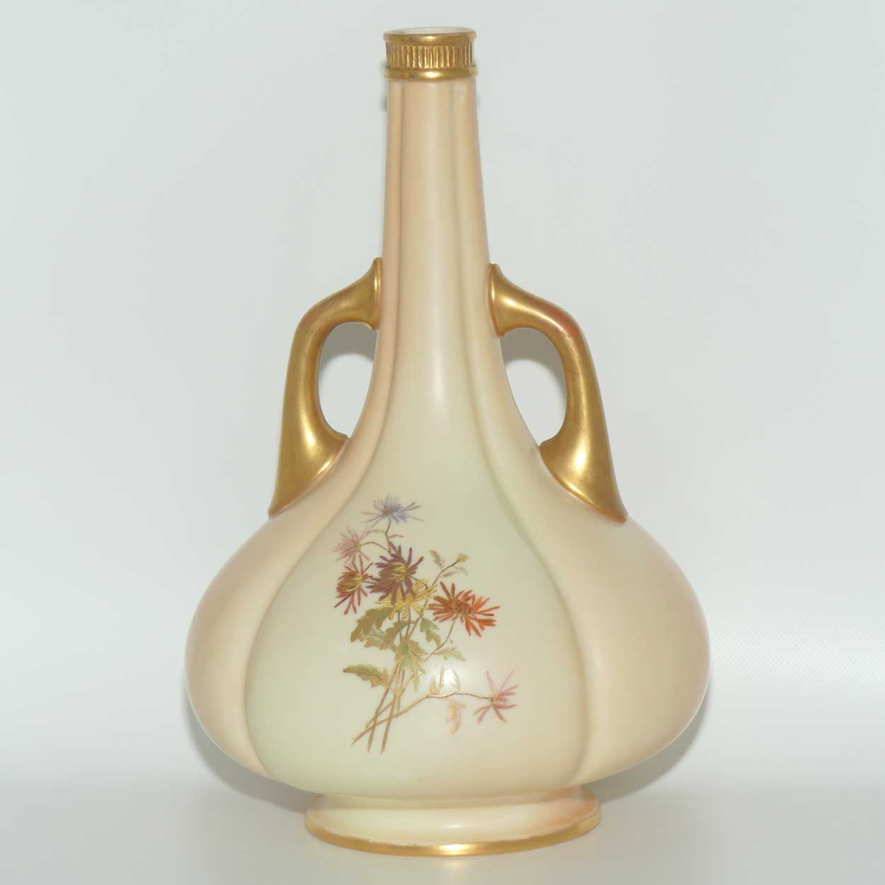 Royal Worcester Blush Ivory hand painted tall narrow neck handled bulbous vase