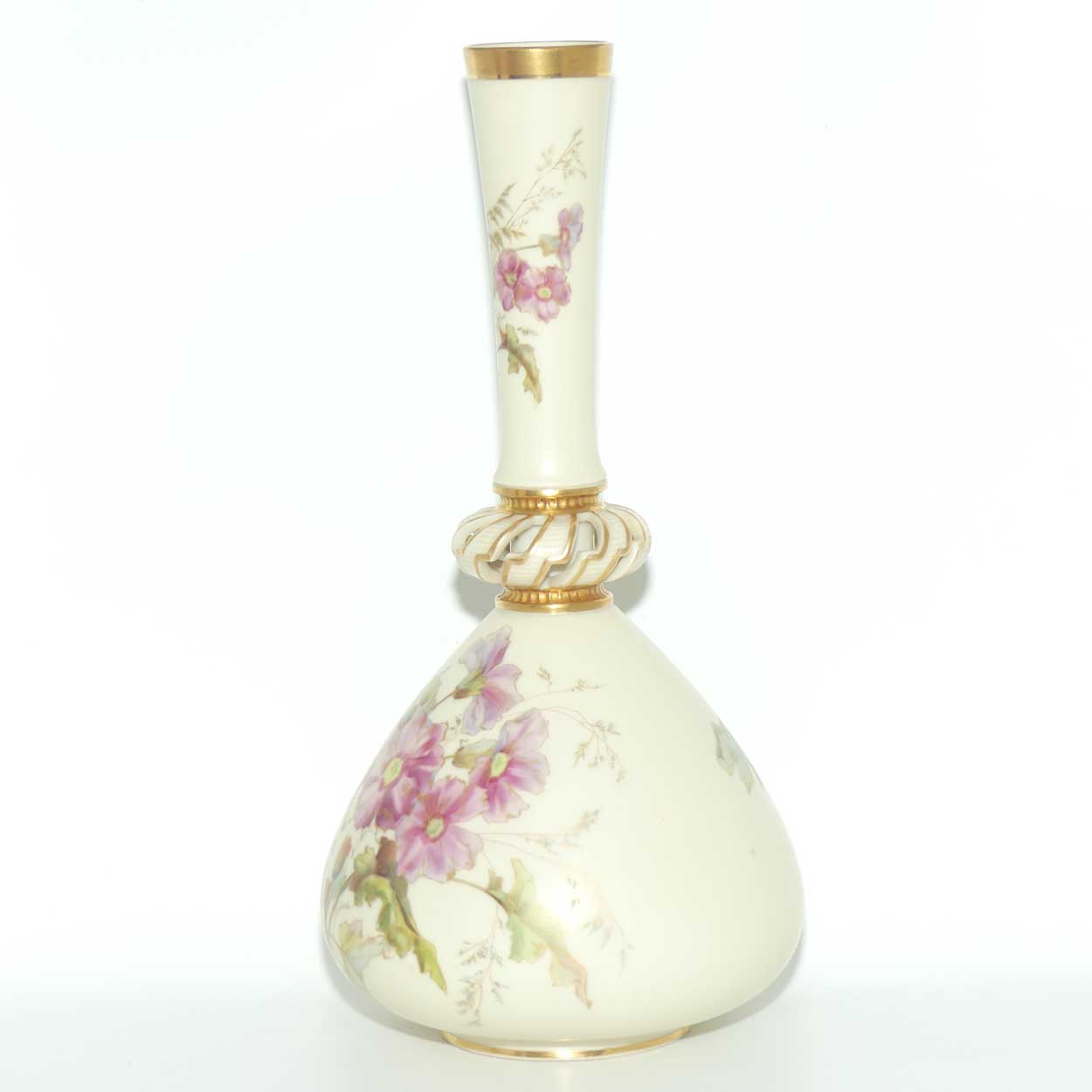 Royal Worcester Blush Ivory hand painted tall narrow neck bulbous vase with reticulated neck