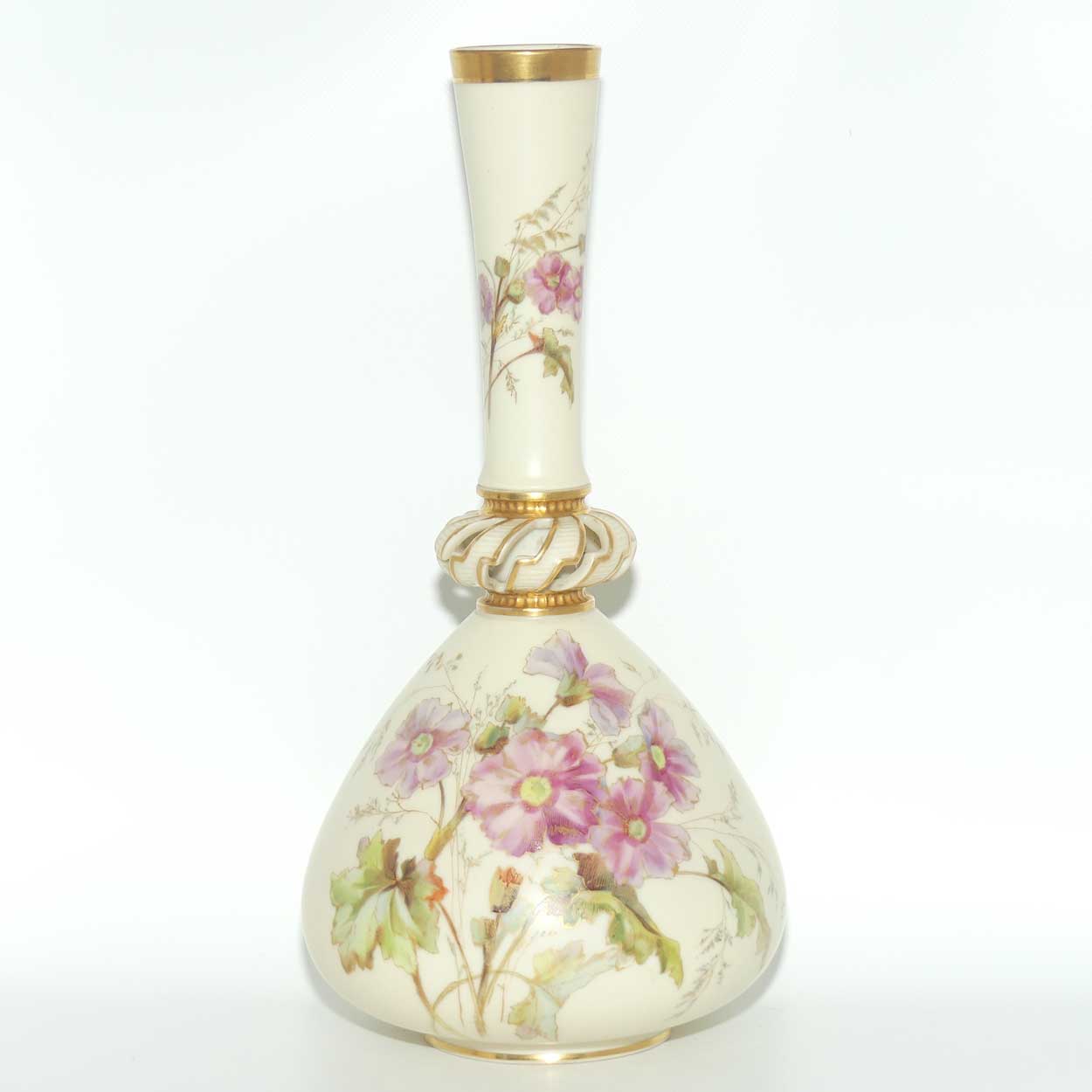 Royal Worcester Blush Ivory hand painted tall narrow neck bulbous vase with reticulated neck