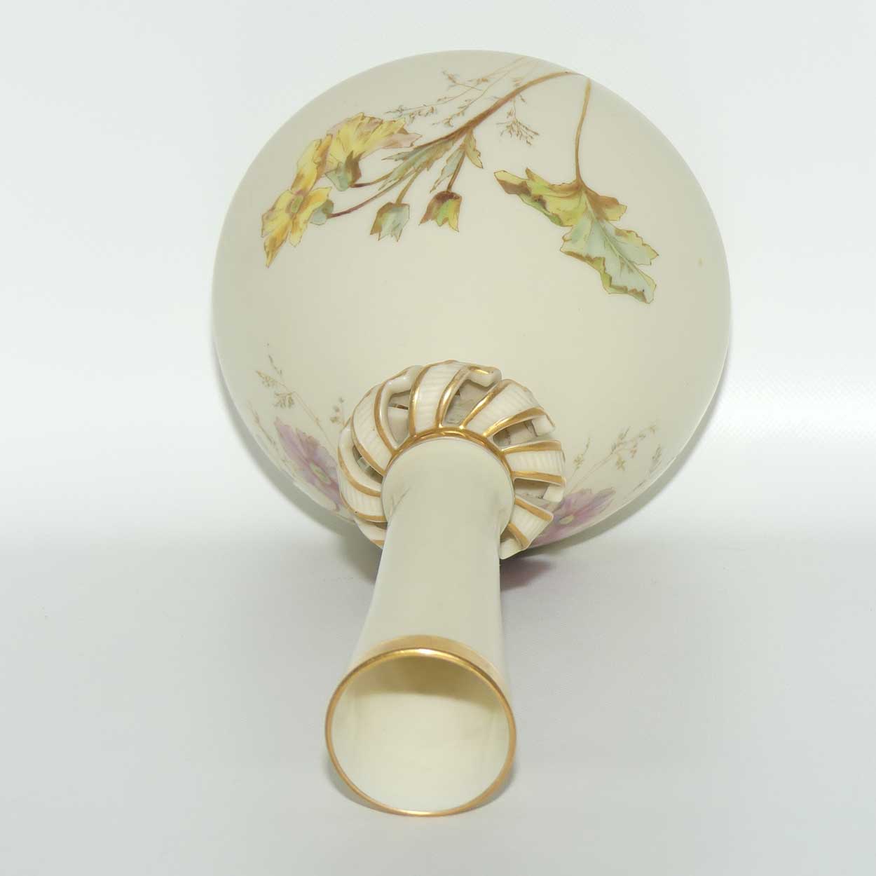 Royal Worcester Blush Ivory hand painted tall narrow neck bulbous vase with reticulated neck