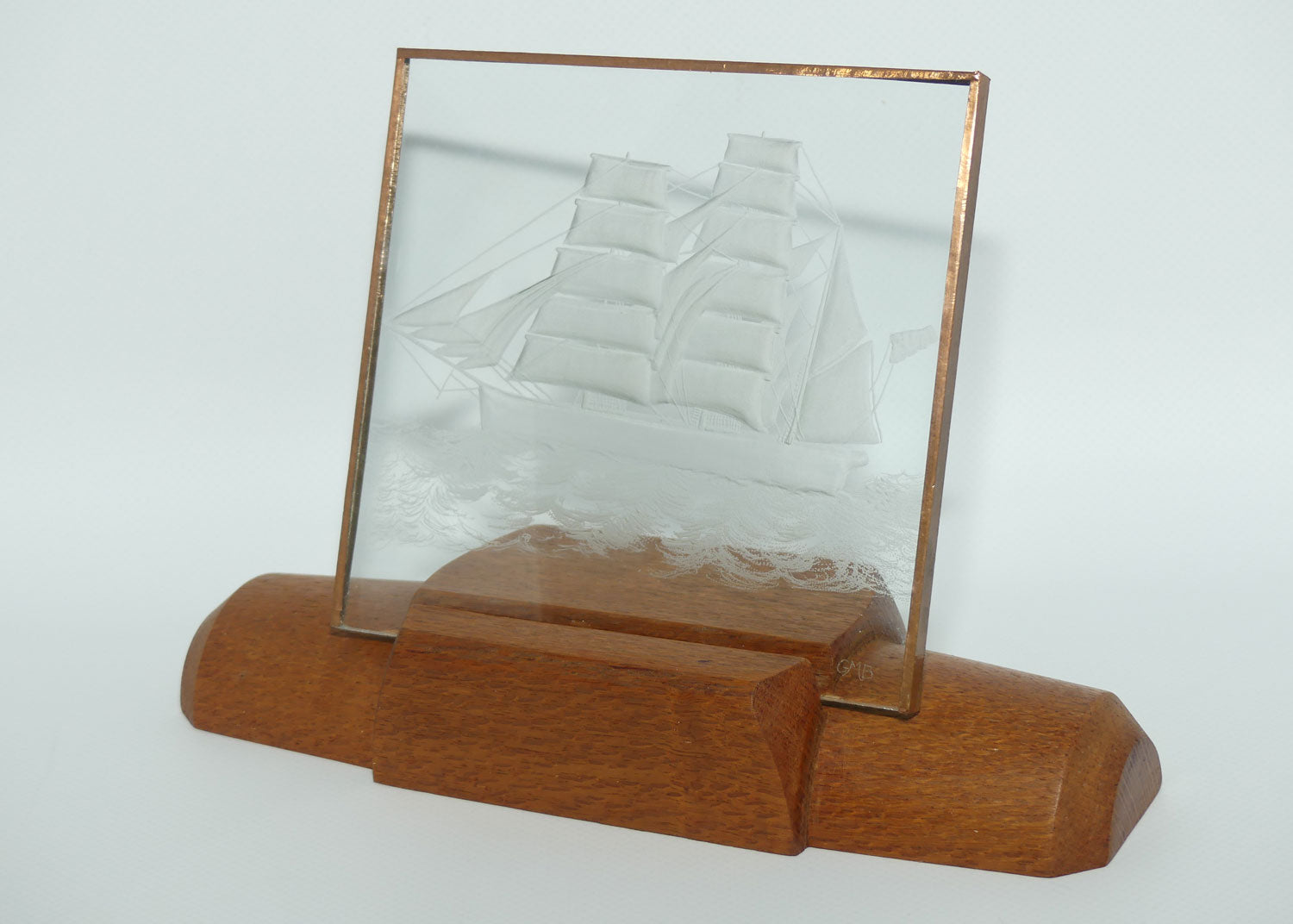 Fine Quality etched and facetted Glass panel with Nautical scene | Tall Ship in Silky Oak frame