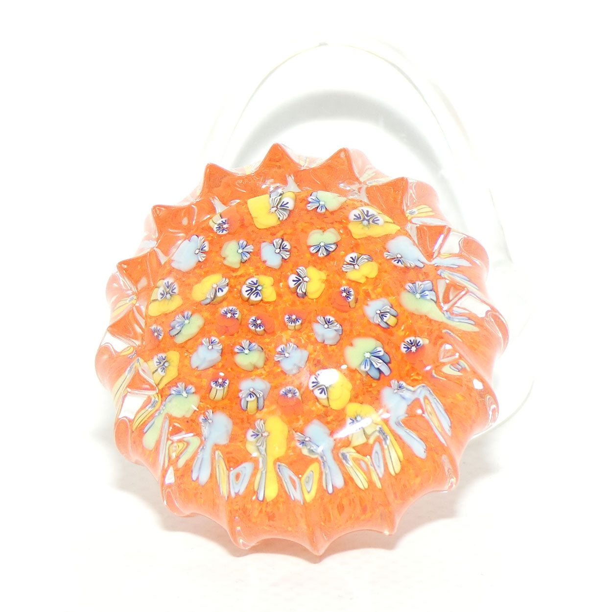 John Deacons Scotland Millefiori Pansy miniature paperweight | Tangerine | Ribbed