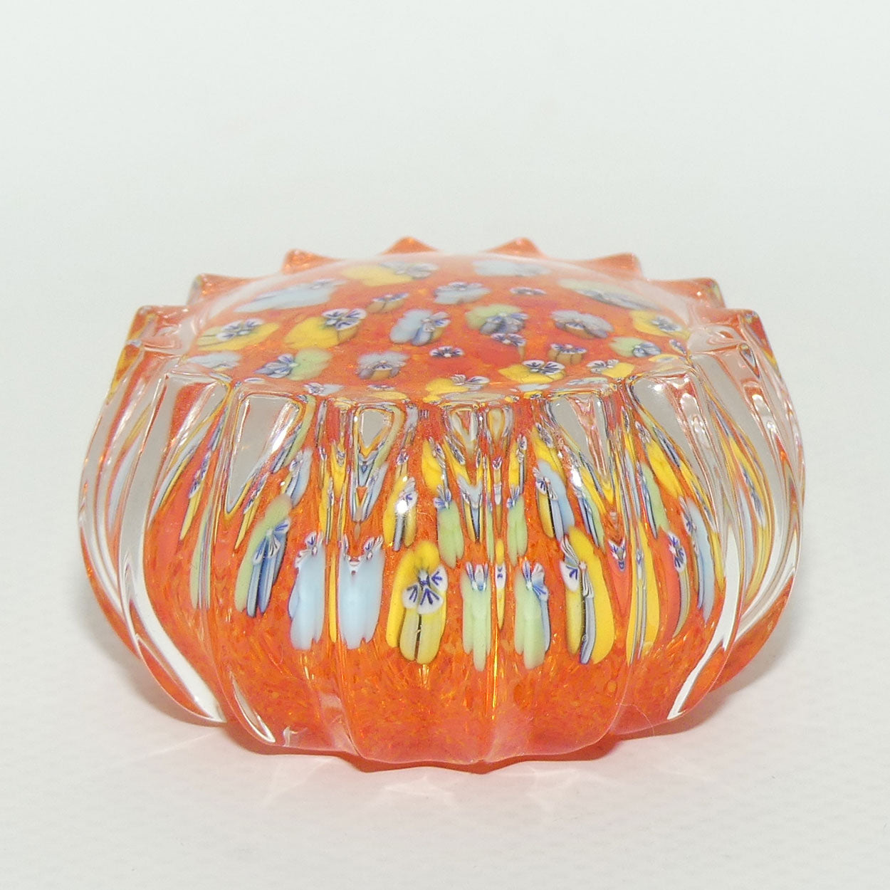 John Deacons Scotland Millefiori Pansy miniature paperweight | Tangerine | Ribbed