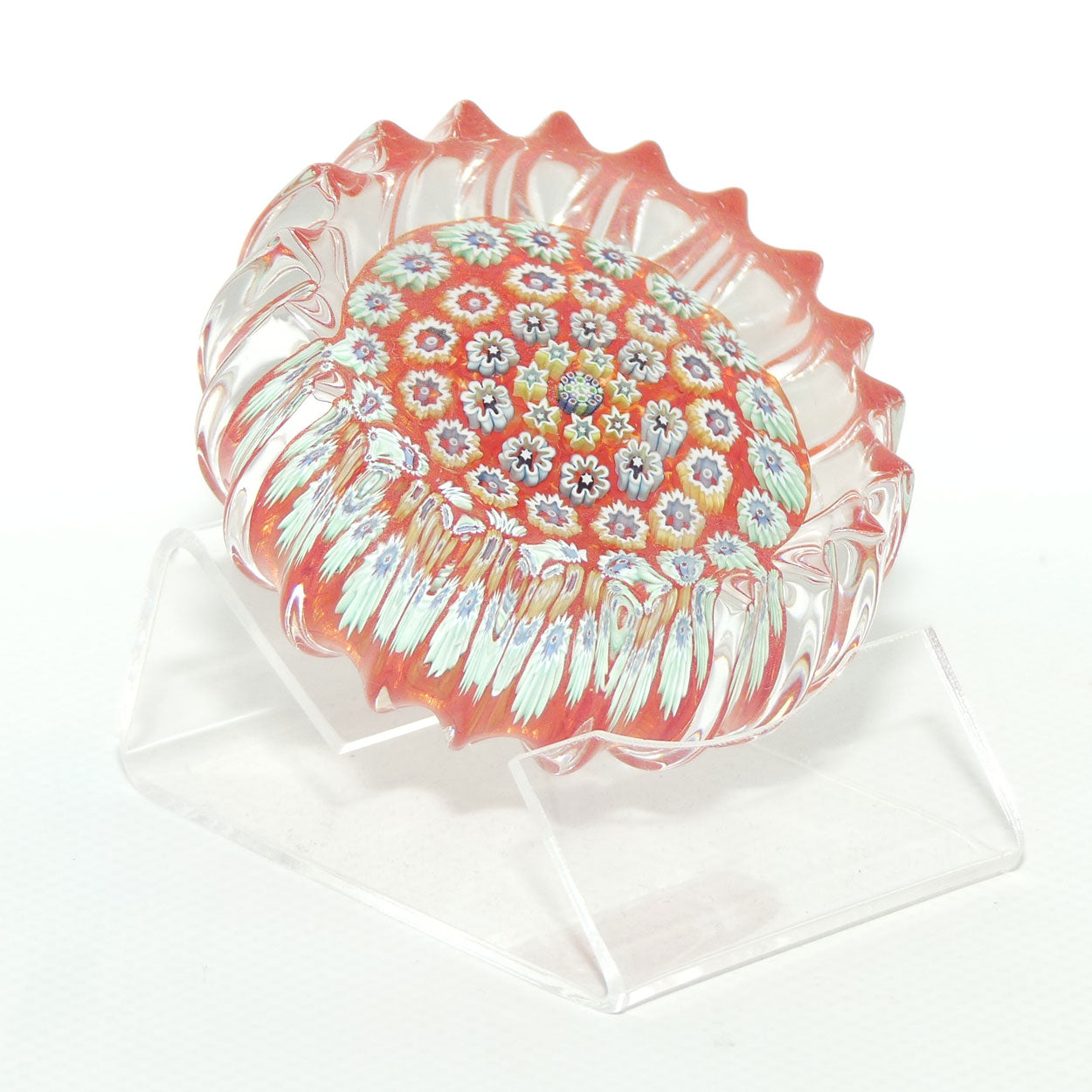 John Deacons Scotland Millefiori Concentric Ribbed paperweight | Tangerine