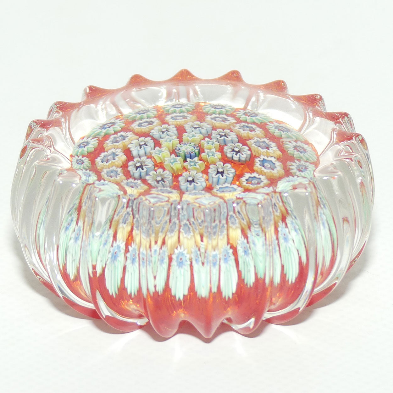 John Deacons Scotland Millefiori Concentric Ribbed paperweight | Tangerine