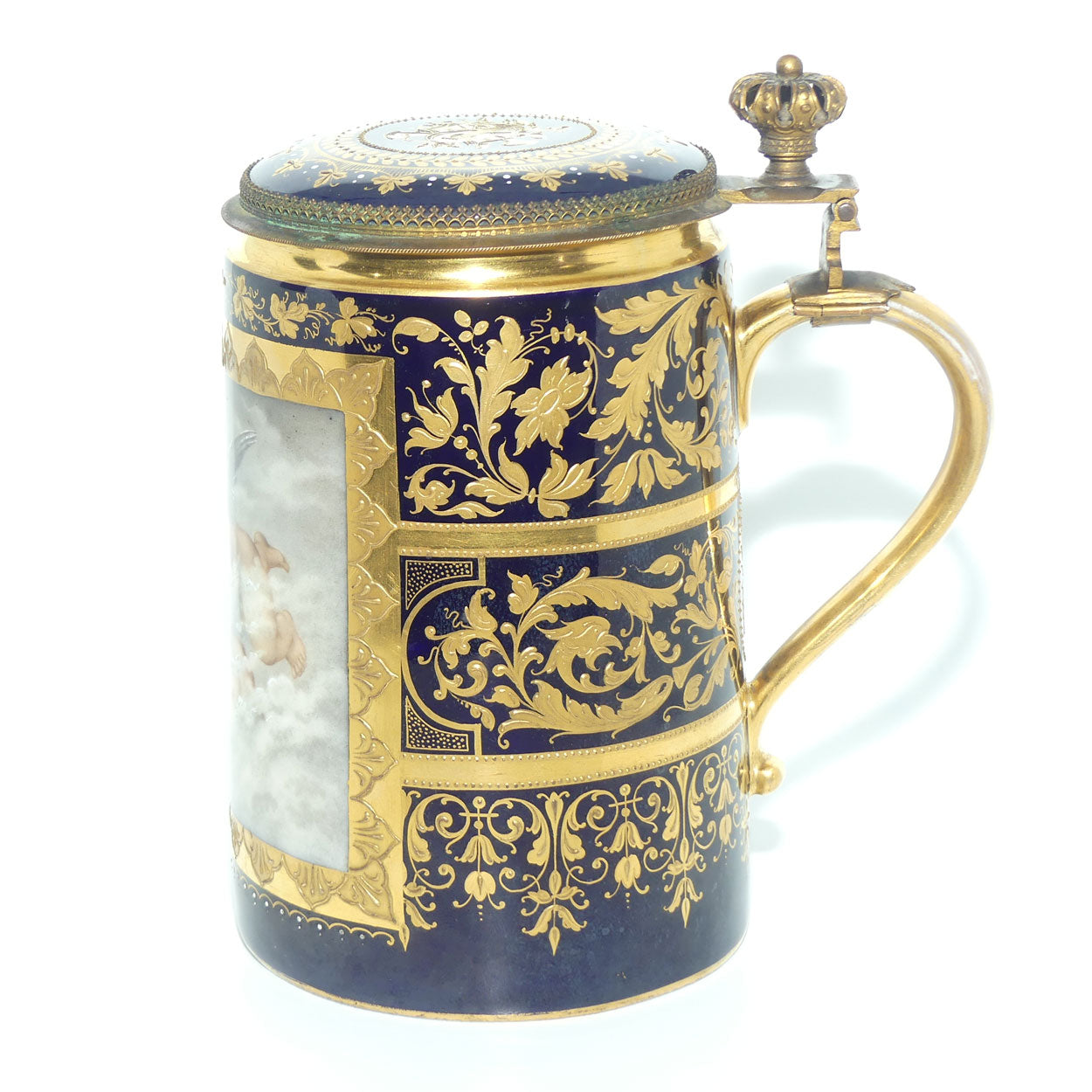 19th Century Royal Vienna tankard with hinged lid | Greek Mythology design with Cupid