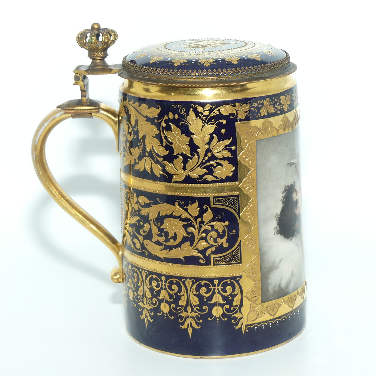 19th Century Royal Vienna tankard with hinged lid | Greek Mythology design with Cupid