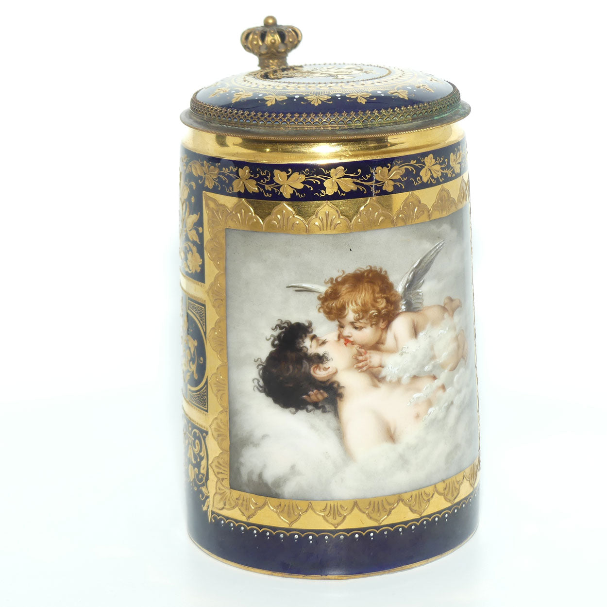19th Century Royal Vienna tankard with hinged lid | Greek Mythology design with Cupid
