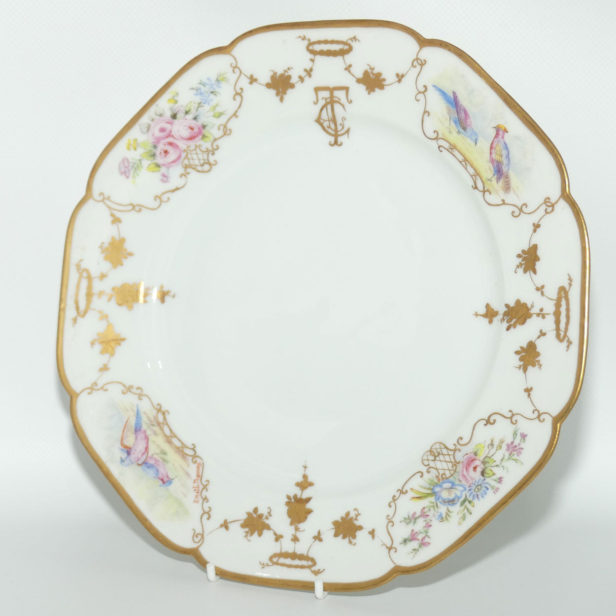 Early Australian China Painted plate decorated with Birds and crested initials | 26cm | #1 | by Ethel L Thomas 1910