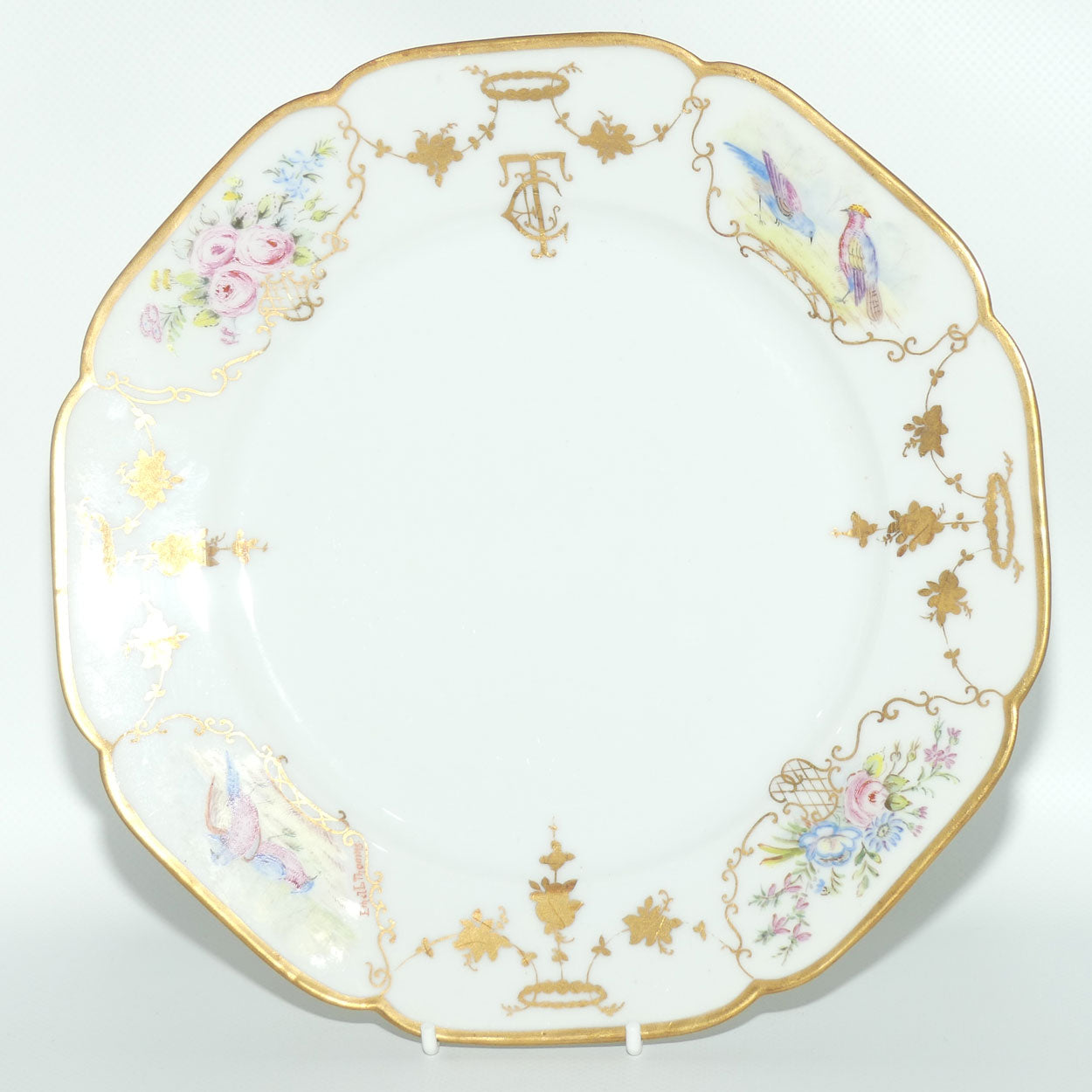 Early Australian China Painted plate decorated with Birds and crested initials | 26cm | #1 | by Ethel L Thomas 1910