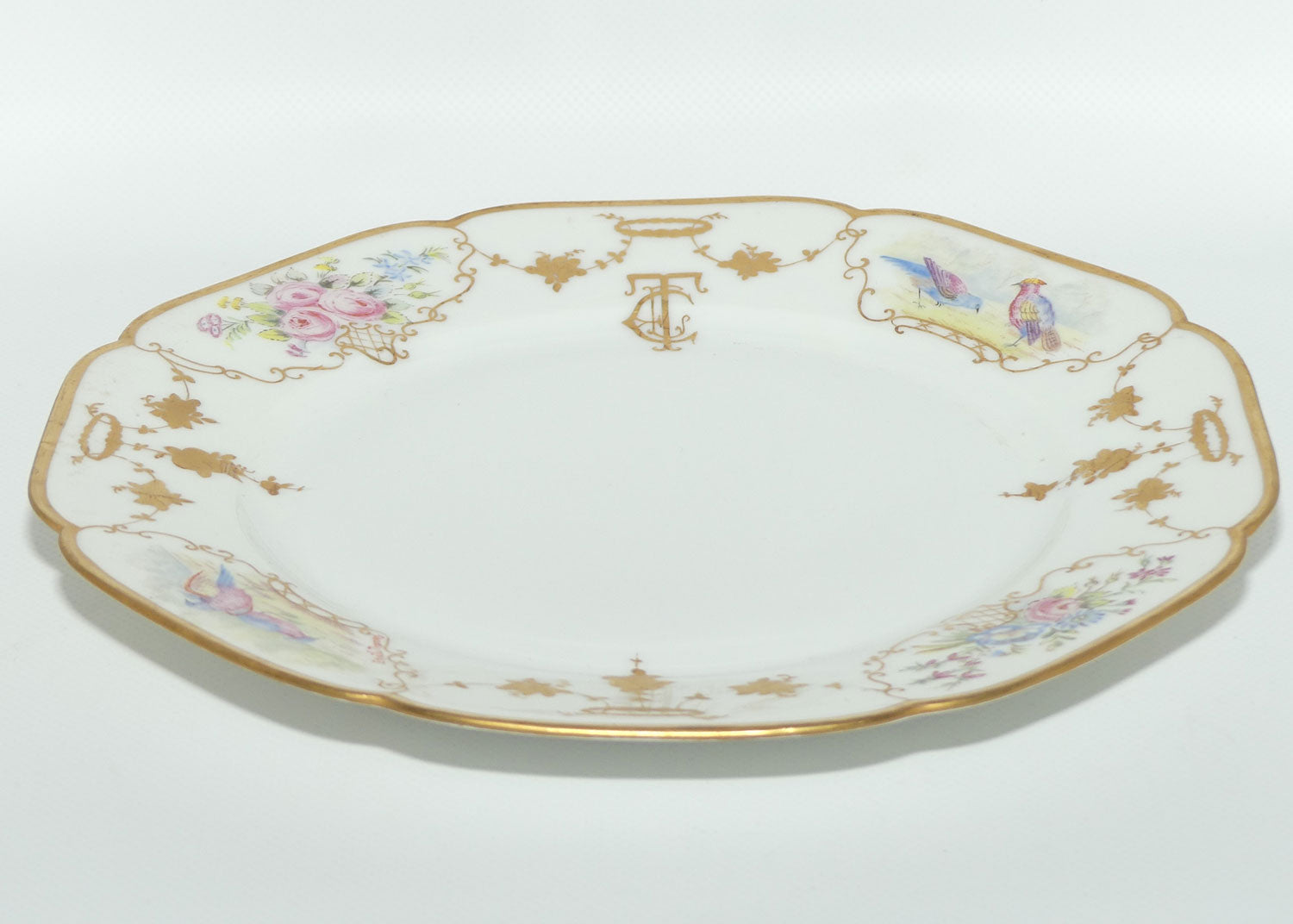 Early Australian China Painted plate decorated with Birds and crested initials | 26cm | #1 | by Ethel L Thomas 1910