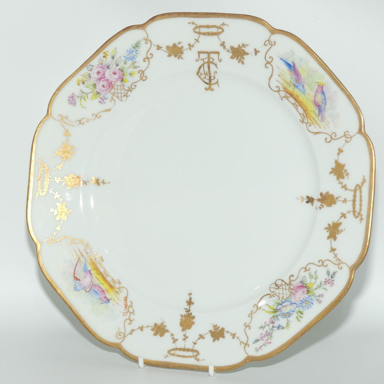 Early Australian China Painted plate decorated with Birds and crested initials | 26cm | #2 | by Ethel L Thomas 1910