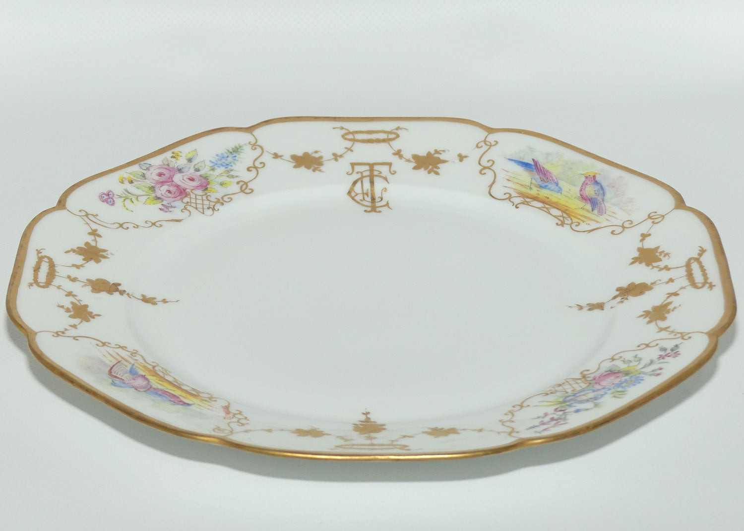 Early Australian China Painted plate decorated with Birds and crested initials | 26cm | #2 | by Ethel L Thomas 1910
