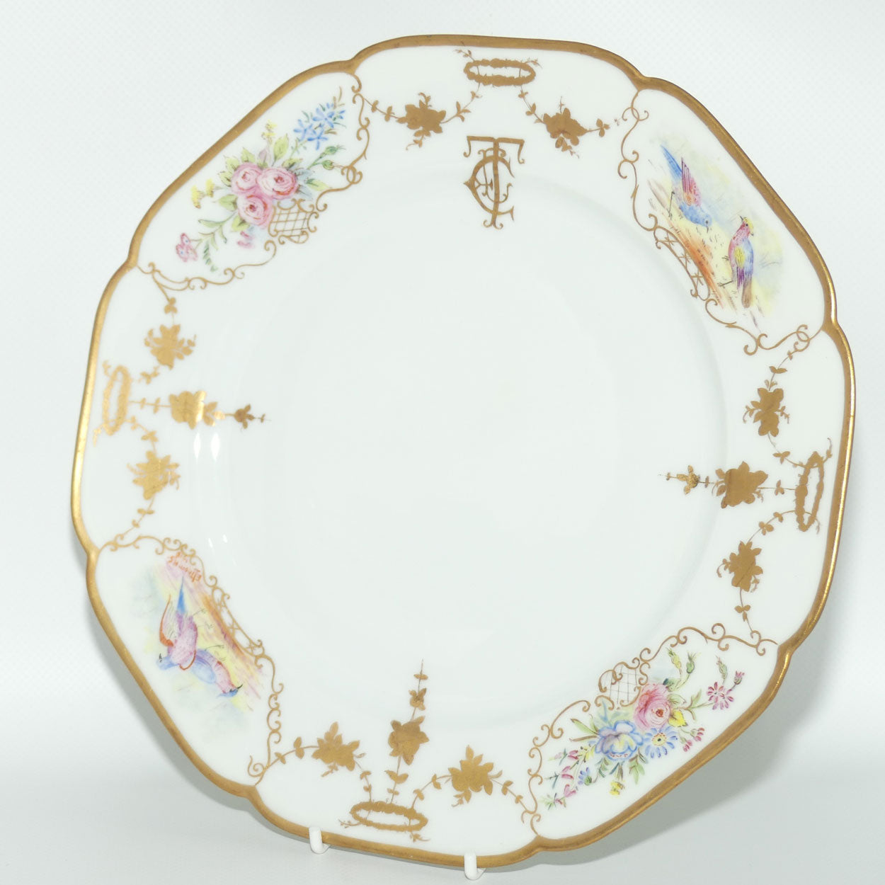Early Australian China Painted plate decorated with Birds and crested initials | 26cm | #3 | by Ethel L Thomas 1910