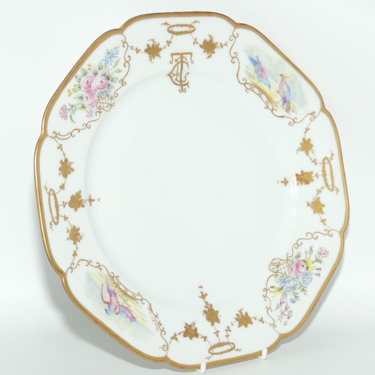Early Australian China Painted plate decorated with Birds and crested initials | 26cm | #4 | by Ethel L Thomas 1910