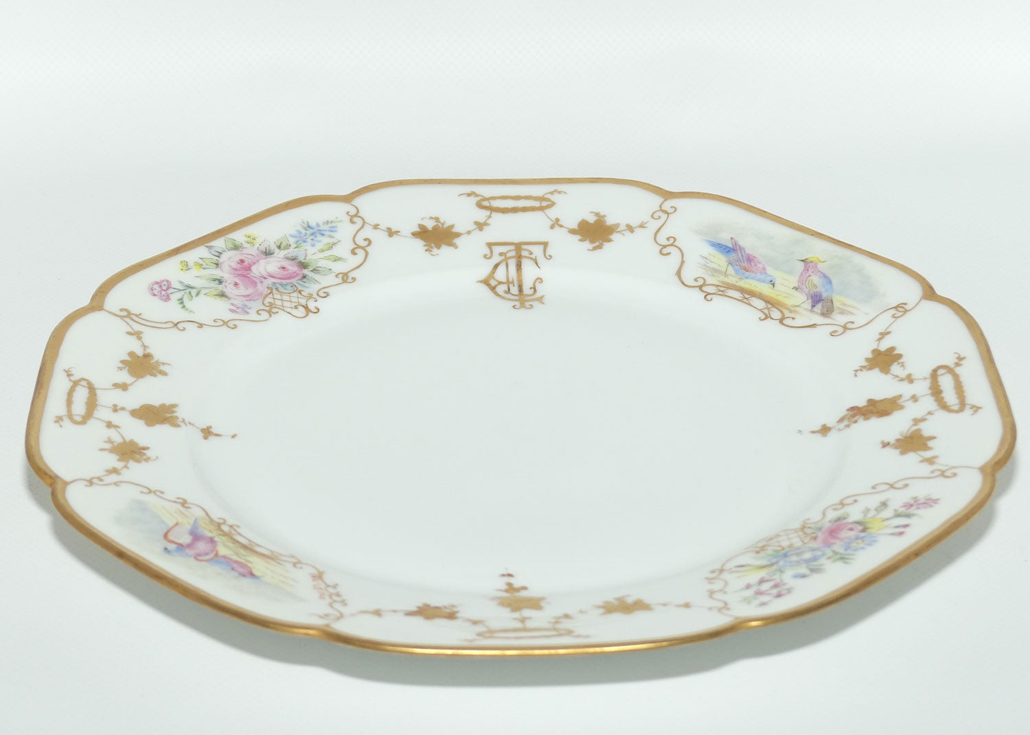 Early Australian China Painted plate decorated with Birds and crested initials | 26cm | #4 | by Ethel L Thomas 1910