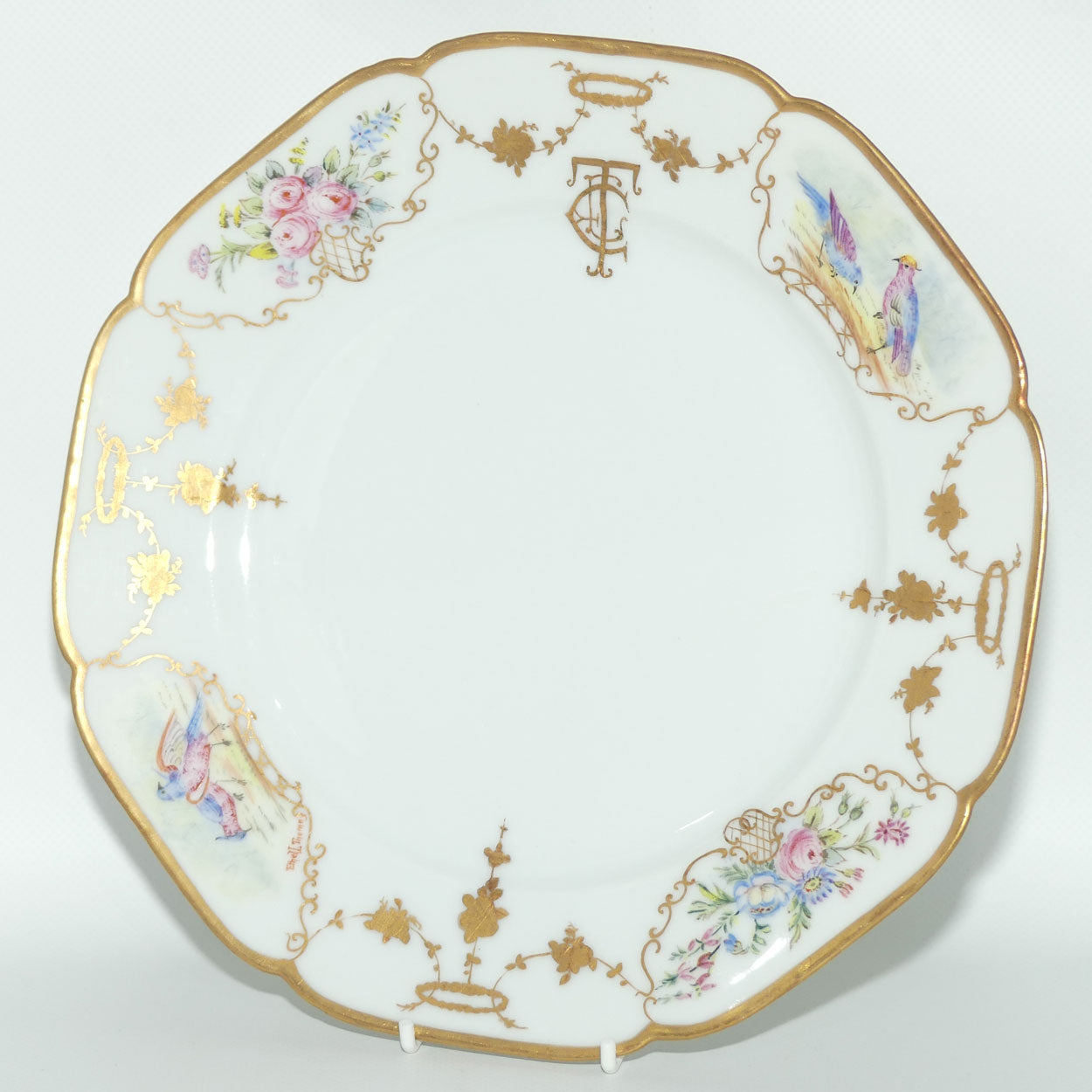 Early Australian China Painted plate decorated with Birds and crested initials | 26cm | #5 | by Ethel L Thomas 1910