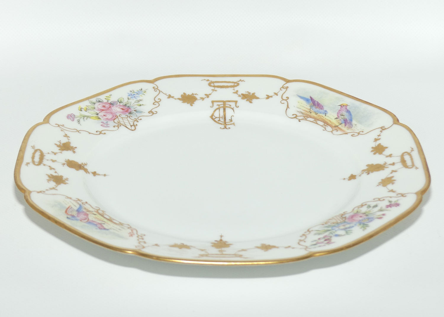 Early Australian China Painted plate decorated with Birds and crested initials | 26cm | #5 | by Ethel L Thomas 1910