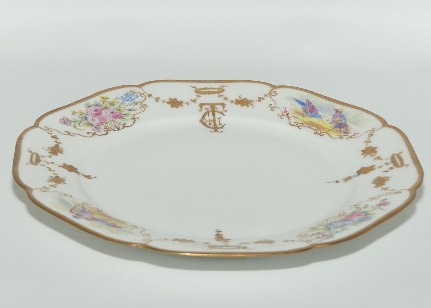 Early Australian China Painted plate decorated with Birds and crested initials | 22.5cm | #1 | by Ethel L Thomas 1910