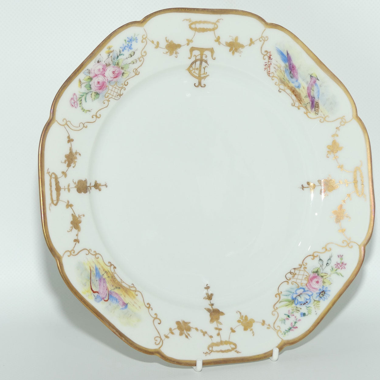 Early Australian China Painted plate decorated with Birds and crested initials | 22.5cm | #2 | by Ethel L Thomas 1910