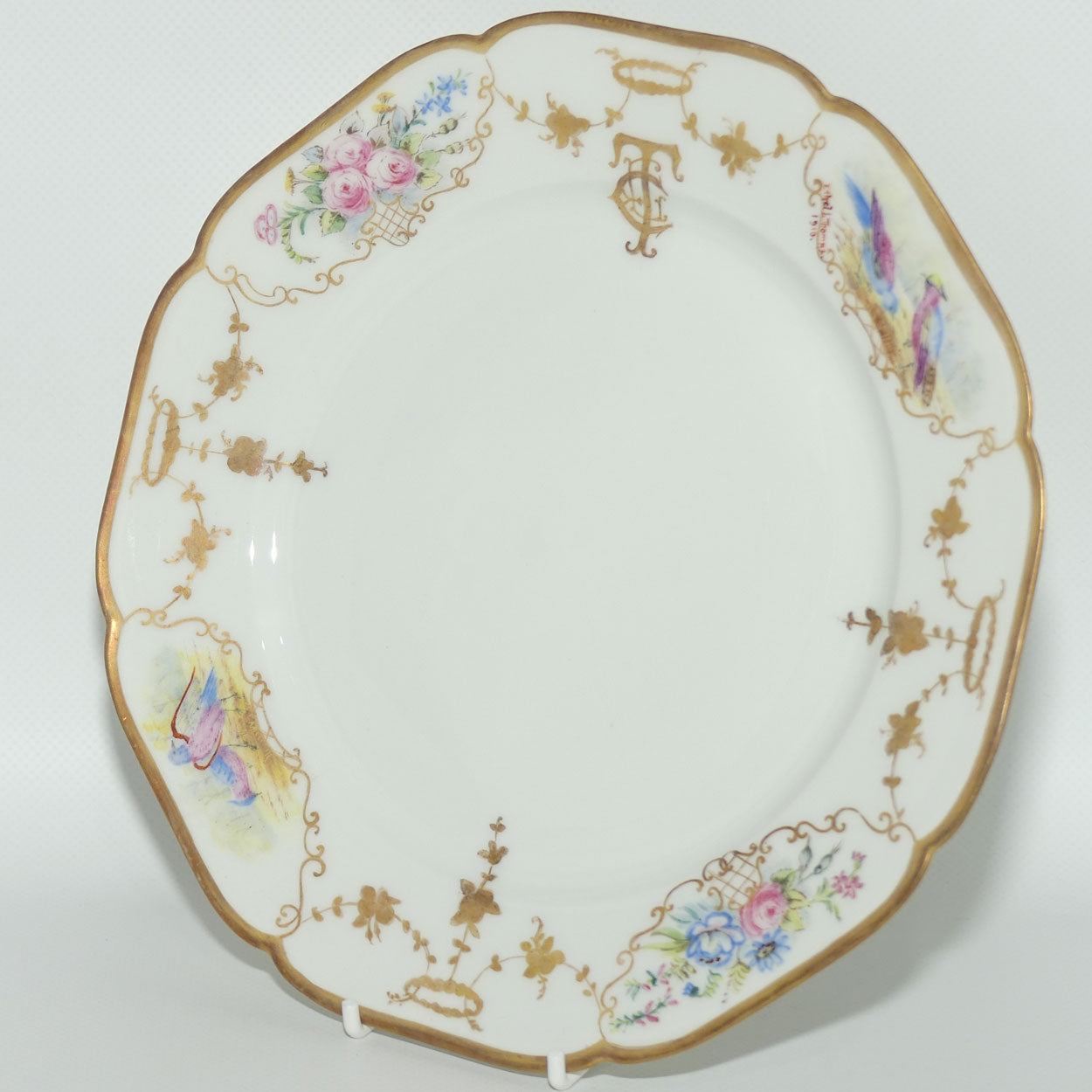 Early Australian China Painted plate decorated with Birds and crested initials | 22.5cm | #2 | by Ethel L Thomas 1910