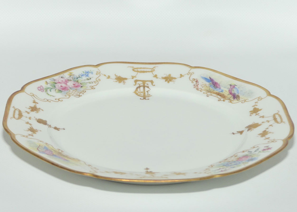 Early Australian China Painted plate decorated with Birds and crested initials | 22.5cm | #2 | by Ethel L Thomas 1910